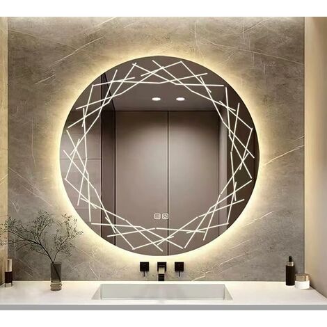 Miroir de salle de bain rond à motifs, grand miroir de courtoisie rond anti-buée avec lumières LED tricolores à intensité variable
