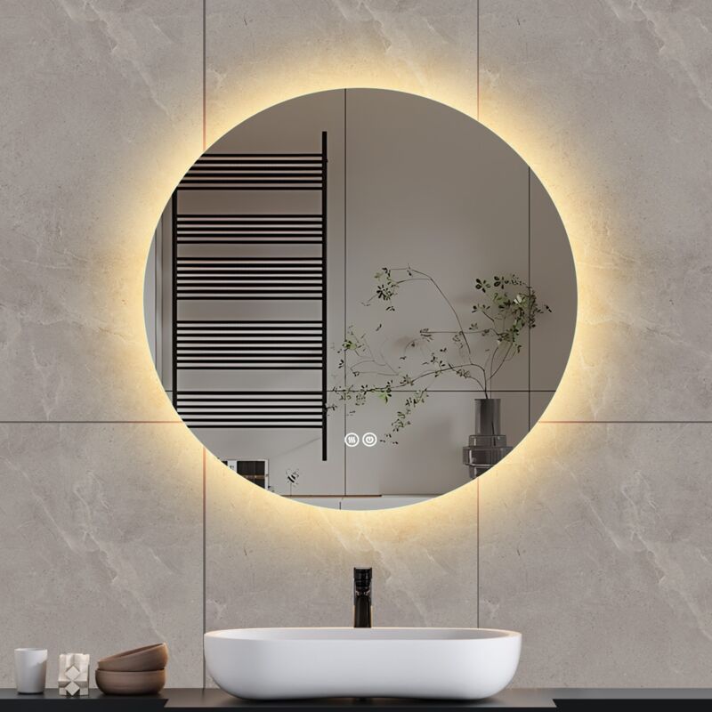Dans Les Nuages - Miroir de salle de bain rond, avec 3 Couleurs led, Fonction désembuage, rétro-éclairage, sans cadre, Interrupteur tactile Lumière