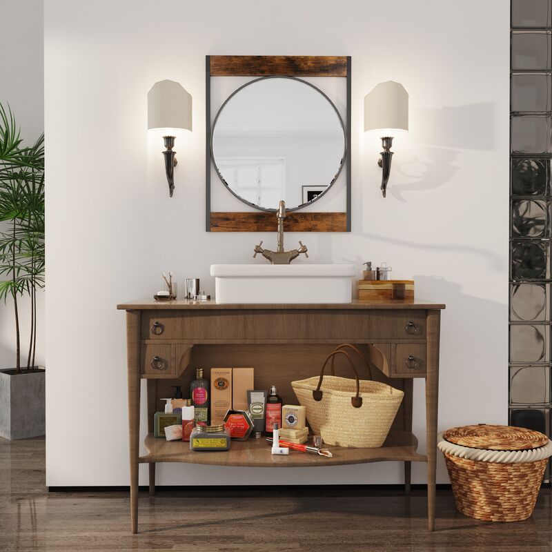 Miroir de Salle de Bain Rond avec Cadre Rectrangulaire Bois Rétro Miroir Mural Unique de Courtoisie pour Salon Chambre Entrée