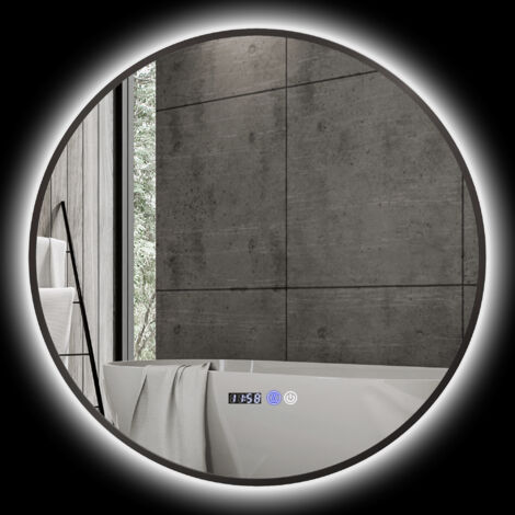 Miroir de salle de bain rond avec éclairage LED, intensité variable, fonction anti-buée, interrupteur tactile, noir