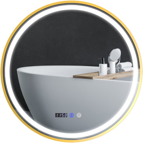 Miroir de salle de bain rond avec éclairage LED, miroir de salle de bain avec fonction antibuée, commande tactile, affichage
