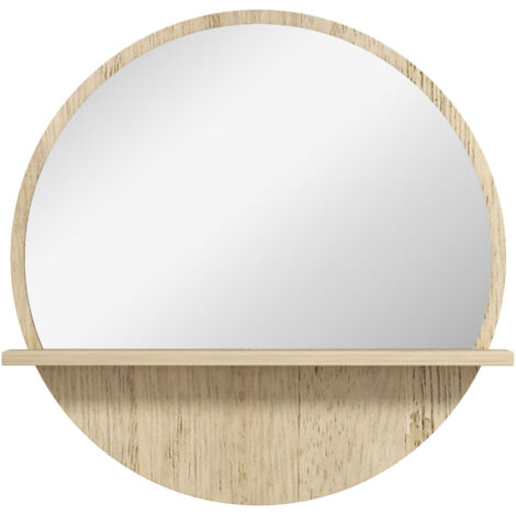 Miroir de salle de bain rond avec étagère et 2 crochets, structure en aggloméré et verre, Ø45x10 cm