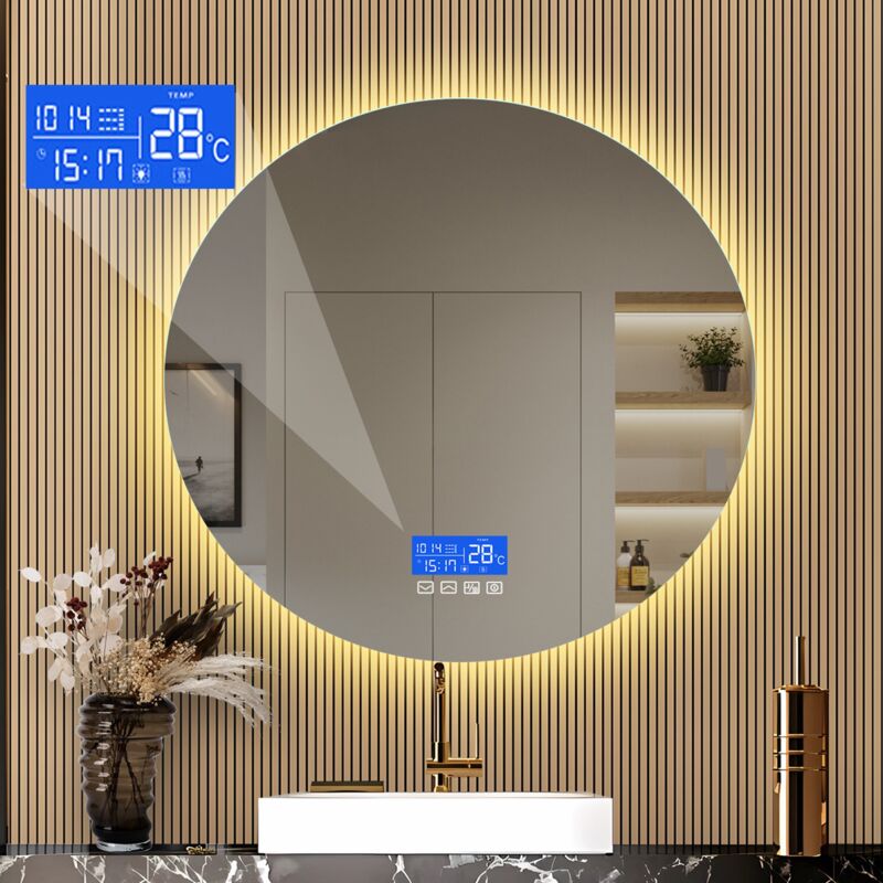 Dans Les Nuages - Miroir de salle de bain rond, avec led, Fonction désembuage, température, heure, date, rétro-éclairage, sans cadre, Interrupteur