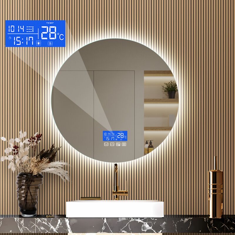 Dans Les Nuages - Miroir de salle de bain rond, avec led, Fonction désembuage, température, heure, date, rétro-éclairage, sans cadre, Interrupteur