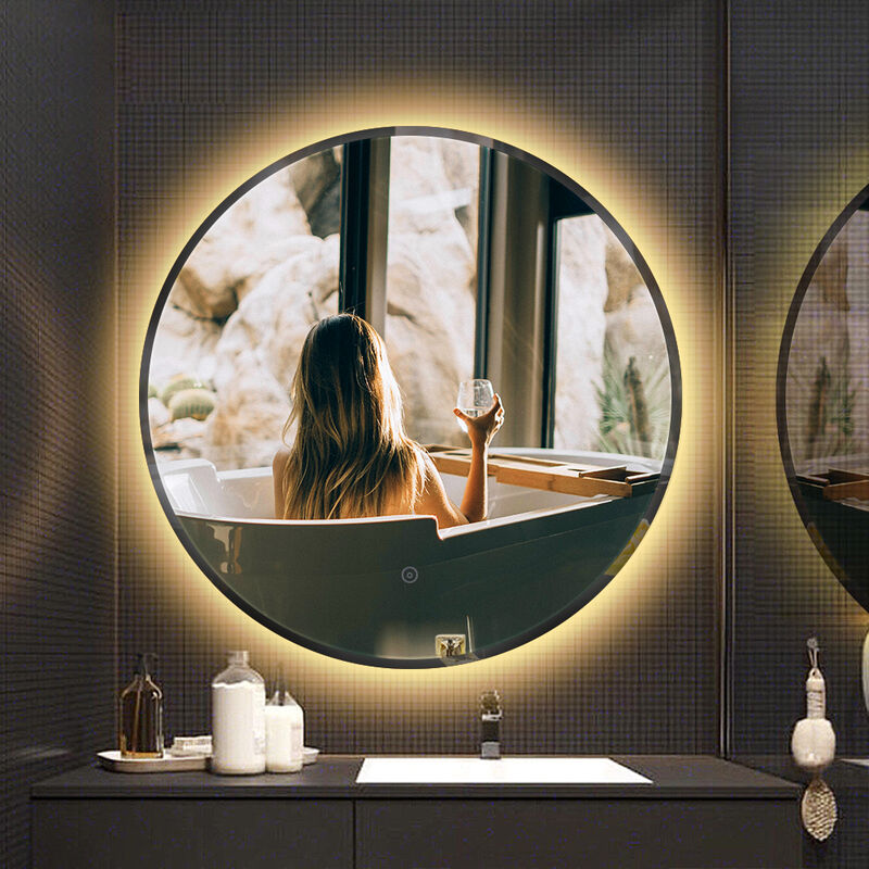 Miroir Rond Salle de Bain,LED,Ø80cm,avec Interrupteur Tactile,,Anti-buée,Chambre Décoration Tour Mural Verre