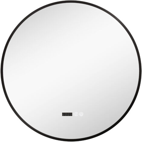 Miroir de salle de bain rond de 70 cm avec éclairage LED réglable, antibuée, tactile et intelligent, affichage de l'heure et de la température, fonction mémoire, indice de protection IP44, noir.