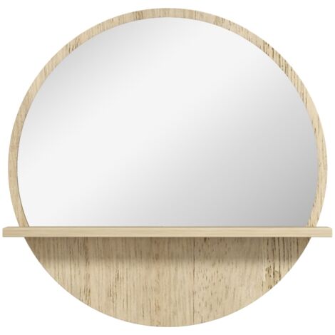 Miroir de salle de bain rond en aggloméré et verre avec étagère de rangement et 2 crochets arrière, Ø45 x 10 cm