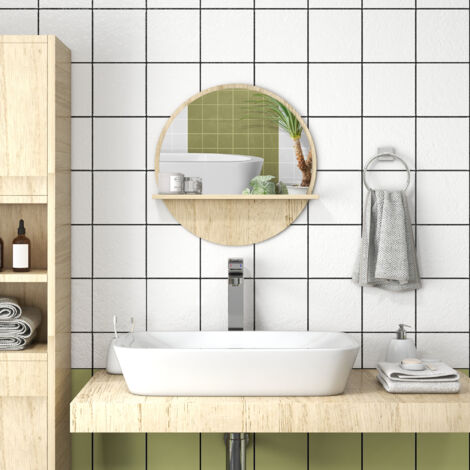 Miroir de salle de bain rond en aggloméré et verre avec étagère de rangement et 2 crochets de fixation arrière, Ø45 x 10 cm, couleur bois