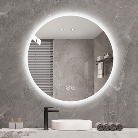 Miroir de salle de bain rond LED 70 cm, mural, antibuée, 3 températures de couleur, luminosité réglable.