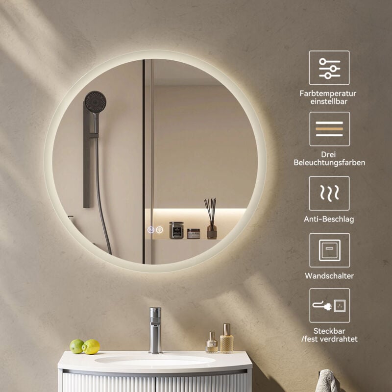 Horow - Miroir de salle de bain rond led avec Interrupteur tactile, avec fonction anti-buée, Dimmable, 3 couleurs d'éclairage, Fonction Mémoire