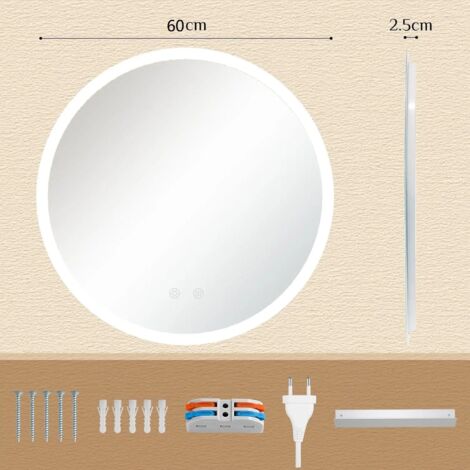 Miroir de Salle de Bain Rond LED,3 Couleurs de lumière, Verre trempé,Interrupteur Tactile,Fonction mémoire,Anti-bué-(60x60cm)