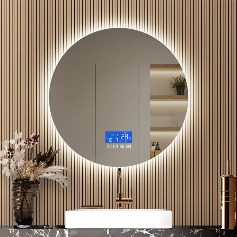 Eifson - Miroir de salle de bain rond lumineux de 60 cm, avec affichage de la température et fonction de désembuage, avec éclairage led, trois