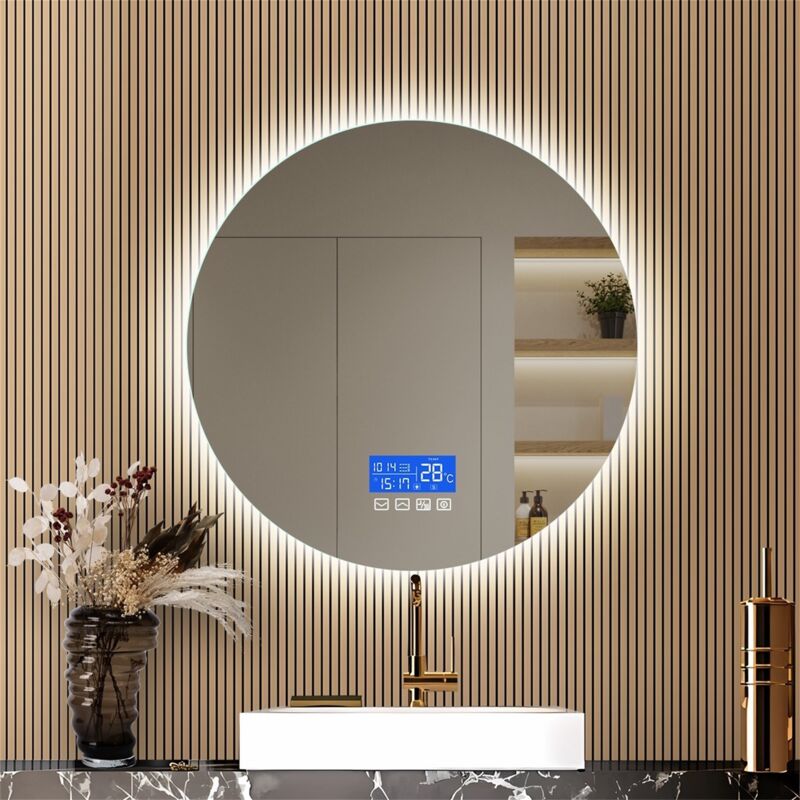Eifson - Miroir de salle de bain rond lumineux de 80 cm, avec affichage de la température et fonction de désembuage, avec éclairage led, trois