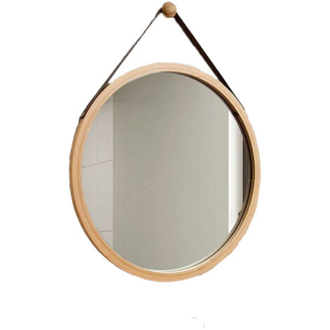 Miroir de salle de bain rond mural de 30 cm, miroir décoratif avec cadre en bois et crochets, convient pour une chambre ou un dressing.