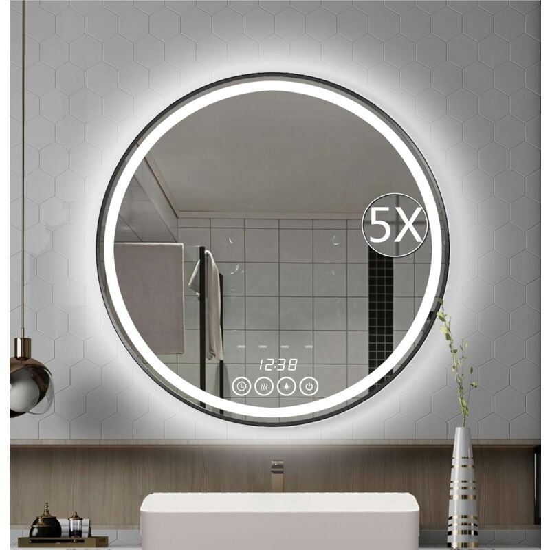 Miroir de salle de bain rond mural de 60 cm avec éclairage led – Miroirs de courtoisie à cadre (60 x 60 cm, noir)