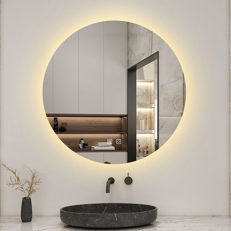 Biubiubath - Miroir de salle de bain led rond de 70 cm avec rétro-éclairage sans cadre, tricolore + anti-buée + mémoire + gradation infinie