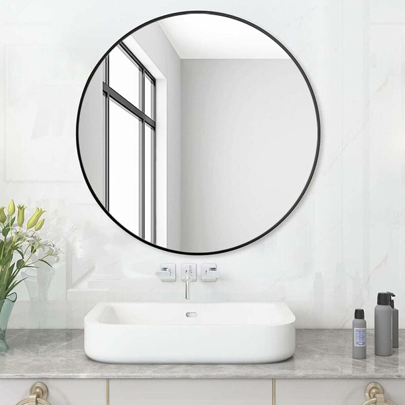 Beijiyi - Miroir de salle de bain rond sans éclairage Noir 60 cm Miroir mural avec cadre en plastique noir Miroir rond décoratif bord noir