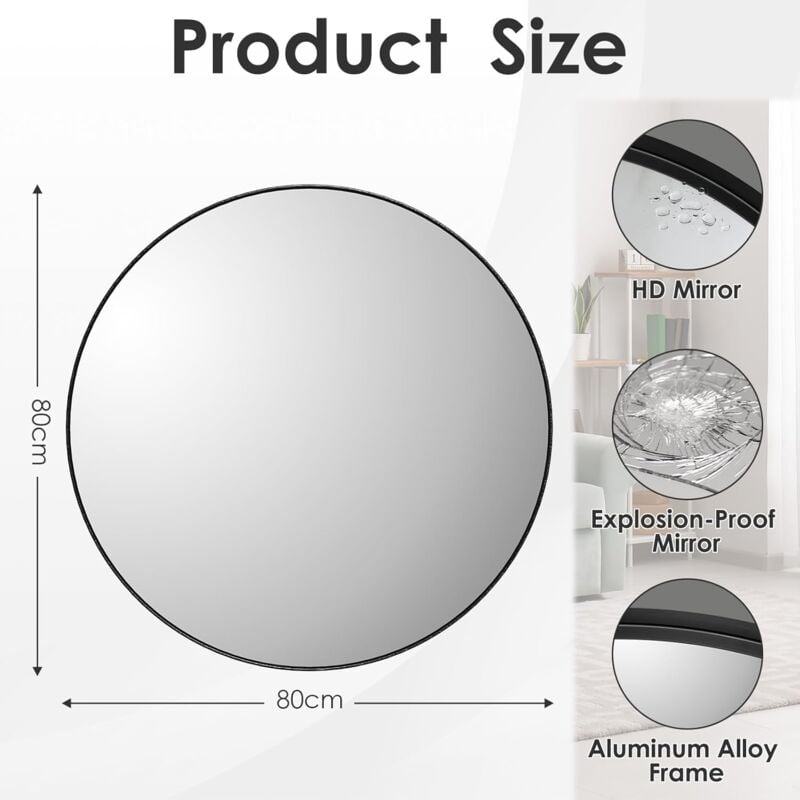 Miroir de Salle de Bain Rond,Miroir de Maquillage,Miroir Mural à Cadre Profond en Aluminium,Miroir Décoratif Noir (80X80cm)