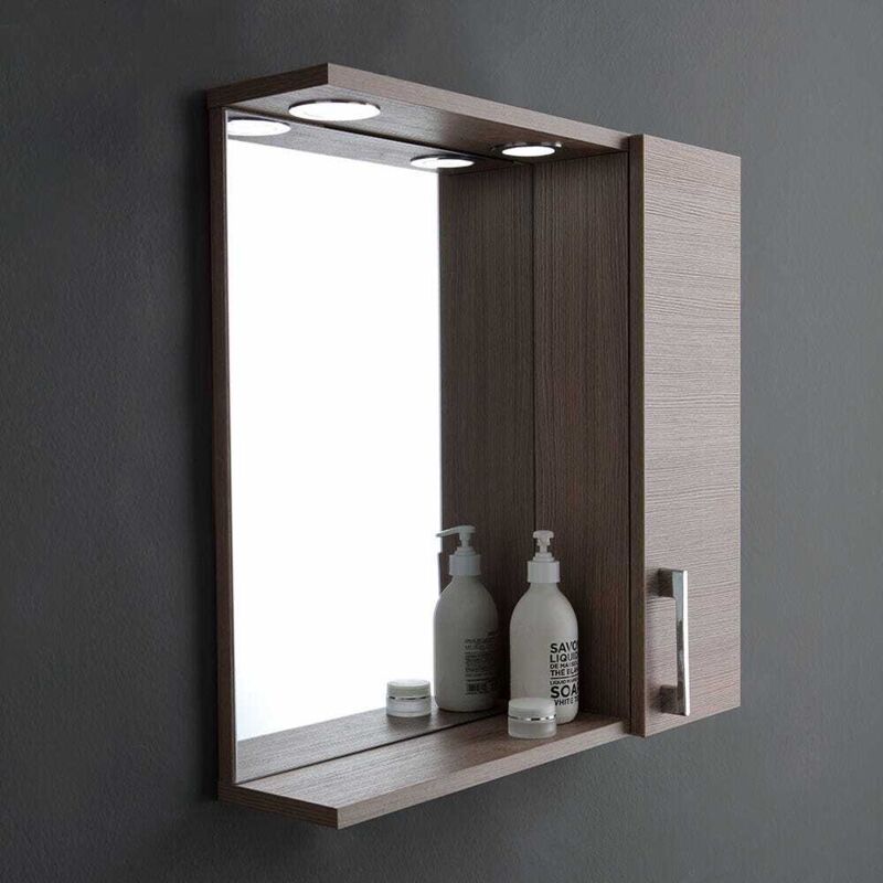 Kiamami Valentina - Miroir De Salle De Bain Suspendu Avec Porte Latérale Effet Bois De Chêne Lumière Led