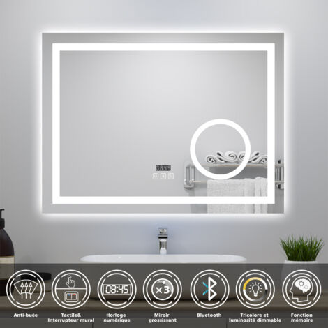 Miroir de salle de bain tactile LED 100x60cm avec loupe d'horloge Bluetooth 3 couleurs dimmable anti-buée et fonction de mémoire ocean