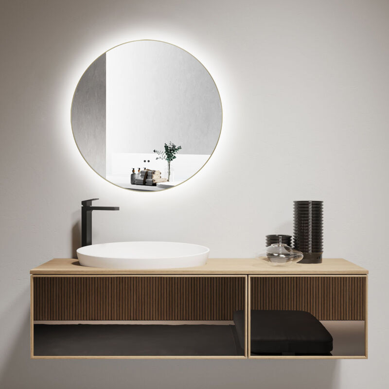 Talos - Miroir de salle de bain led rond verona Shine en or mat Ø50 cm - Miroir avec capteur de mouvement - adapté aux pièces humides grâce au cadre