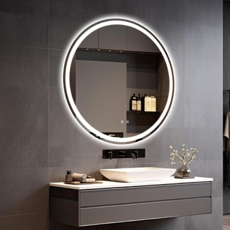 Miroir de salle de bain,Rond,LED, avec 3 couleurs de lumière, à intensité variable, verre trempé, protection contre les explosions, interrupteur tactile, fonction mémoire, anti-buée- 60 cm