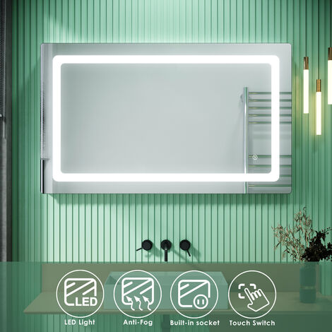 Miroir de salle de bains 90x70/100x60 CM Miroirs cosmétiques muraux Miroir avec led illumination Anti-buée avec éclairage led Avec prise rasoir lnterrupteur tactile