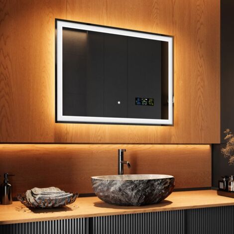 Miroir de salle de bains avec éclairage LED 80x60 Mural Lumière Illumination avec Commande par Effleurement, Station météo, FORAM