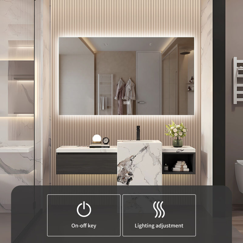 Miroir lumineux de salle de bain avec LED 60x120cm, Commande tactile avec fonction de désembuage, température, sans cadre - Rectangulaire - Miroir