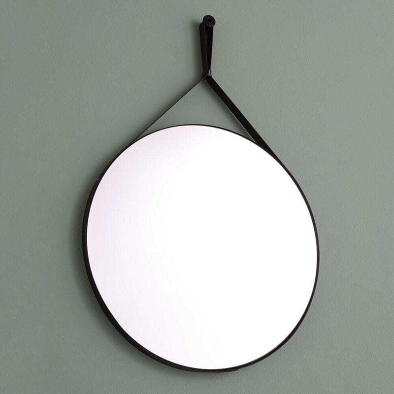 Kiamami Valentina - Miroir De Salle De Bains Design Et Rond Avec Cadre En Cuir Noir