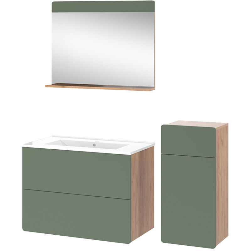 Vicco - Ensemble de meubles de salle de bains Izan, Force d'or Chêne/Vert, 4 pièces avec armoire de milieu