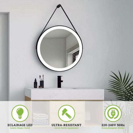 Miroir de Salle de Bains Lumineux avec Éclairage Intégré Led Frontal - Rond Ø60CM    Cadre Noir Mat et Courroie KENIA LEDIMEX