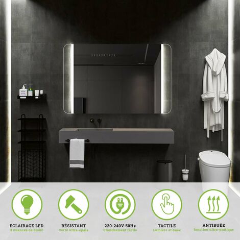 Miroir de Salle de Bains Lumineux avec Éclairage Intégré Tri Led Frontal - Double Sensor On/Off et Anti-Buée l.100 x H.80 cm COPENHAGUE LEDIMEX
