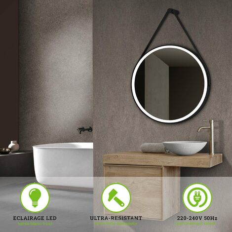 Miroir de Salle de Bains Lumineux Éclairage Intégré Led Frontal Rond Ø60CM Cadre Noir Mat et Courroie, CRISTALED Ultra