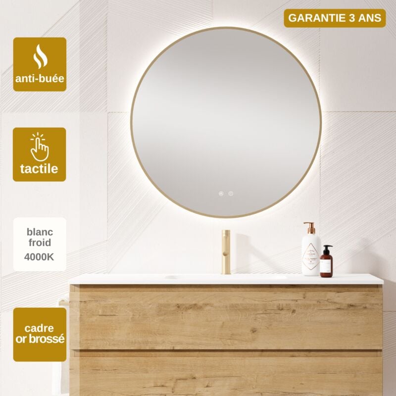 Miroir Salle de Bains Lumineux Éclairage Led Intégré Rétro éclairé Ø80cm, Fonctions On/Off et Anti-Buée Contour Or Brossé, IBIZA by SANIZÉO