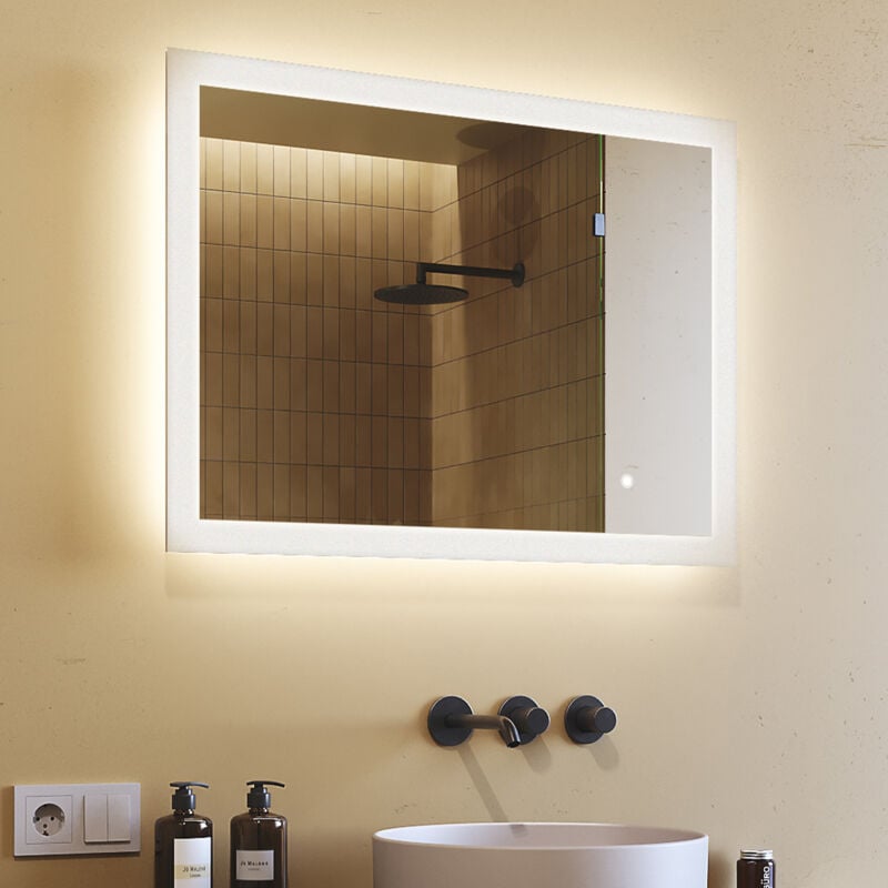 Miroir de salle de bains z éclairage led 80x60 Miroir Salle de Bain avec tactile et 3 temperatures de Couleur
