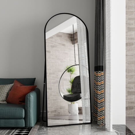 Miroir de sol courbé, miroir de sol haute définition, peut être suspendu, à poser ou incliné, idéal pour l'aménagement intérieur, décoration murale, salon ou dressing, cadre aluminium, noir (expéditio