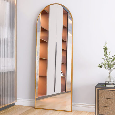 Miroir de sol incurvé, miroir de sol HD, à suspendre, à poser ou à incliner, idéal pour la décoration intérieure, la décoration murale, le salon ou le dressing, cadre en aluminium, doré (livraison dep