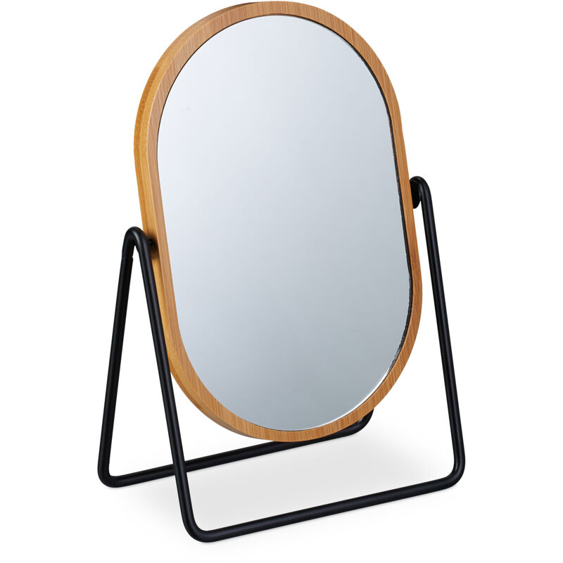 Relaxdays - Miroir de table, 360° rotatif, rond, h x l : 18 x 12 cm, cadre en bambou, support en métal, naturel/noir
