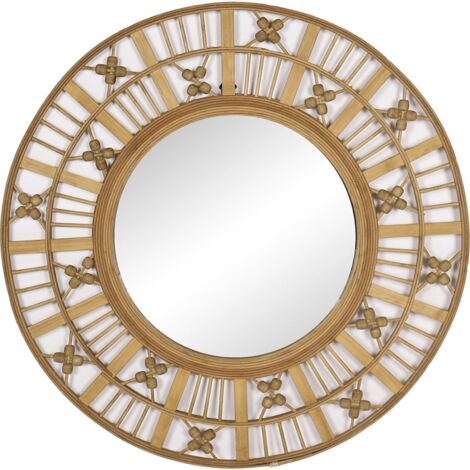 Miroir décoratif mural bois naturel motifs symboliques - bois naturel clair et verre
