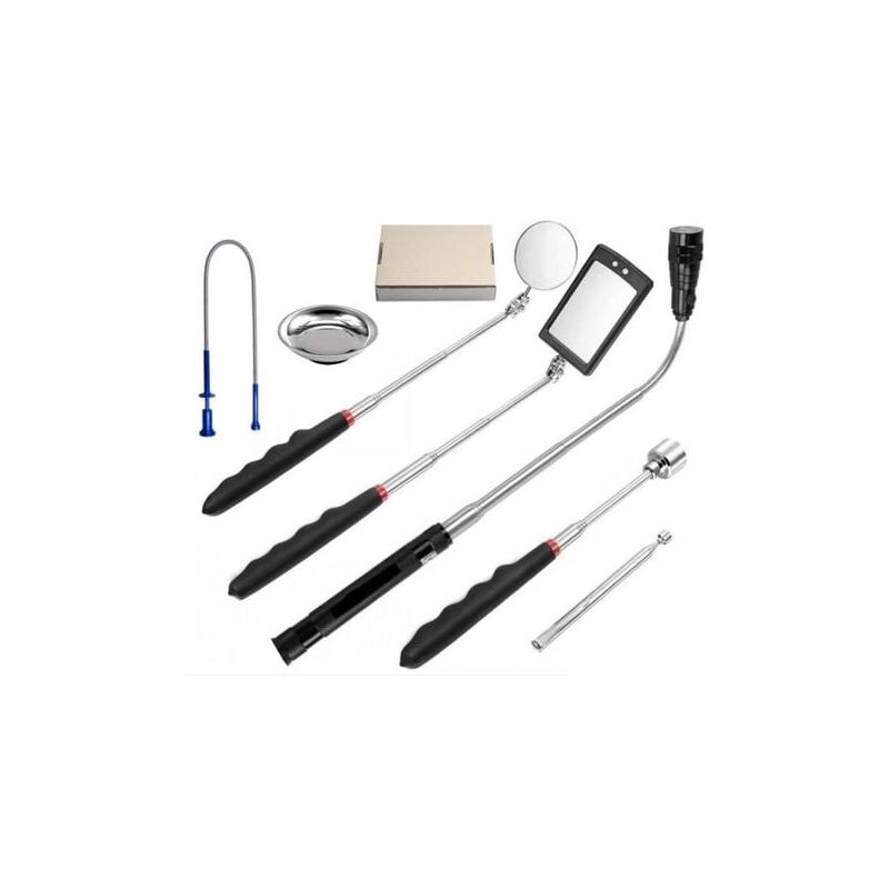 Tigrezy - Miroir d'inspection de voiture Miroir d'inspection télescopique rond Sélecteur de tige d'aspiration flexible avec lumière Ensemble de 7