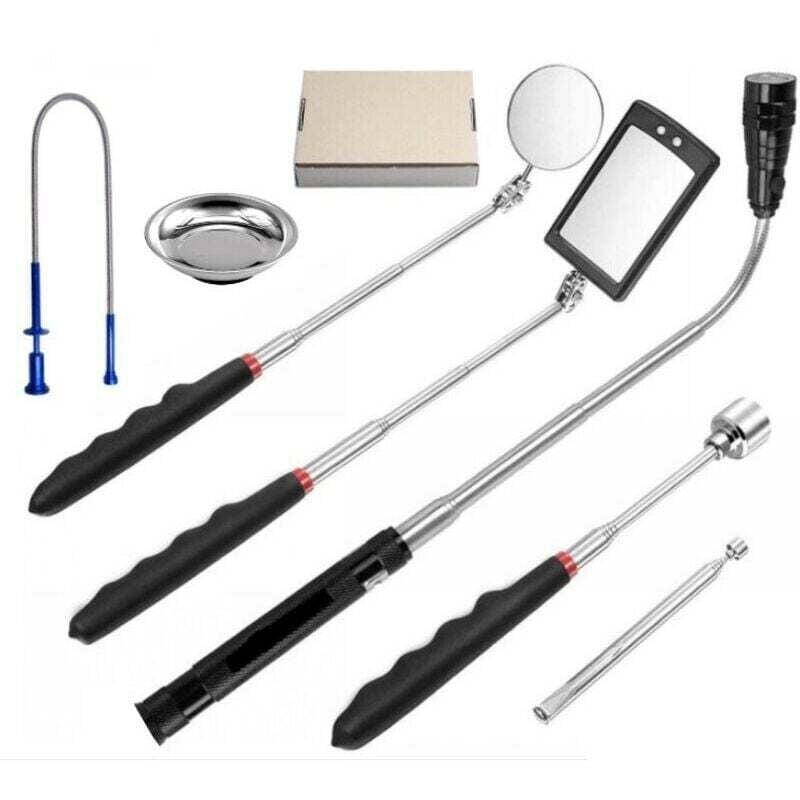 Lauwexe - Miroir d'inspection de voiture Miroir d'inspection télescopique rond Sélecteur de tige d'aspiration flexible avec lumière Ensemble de 7