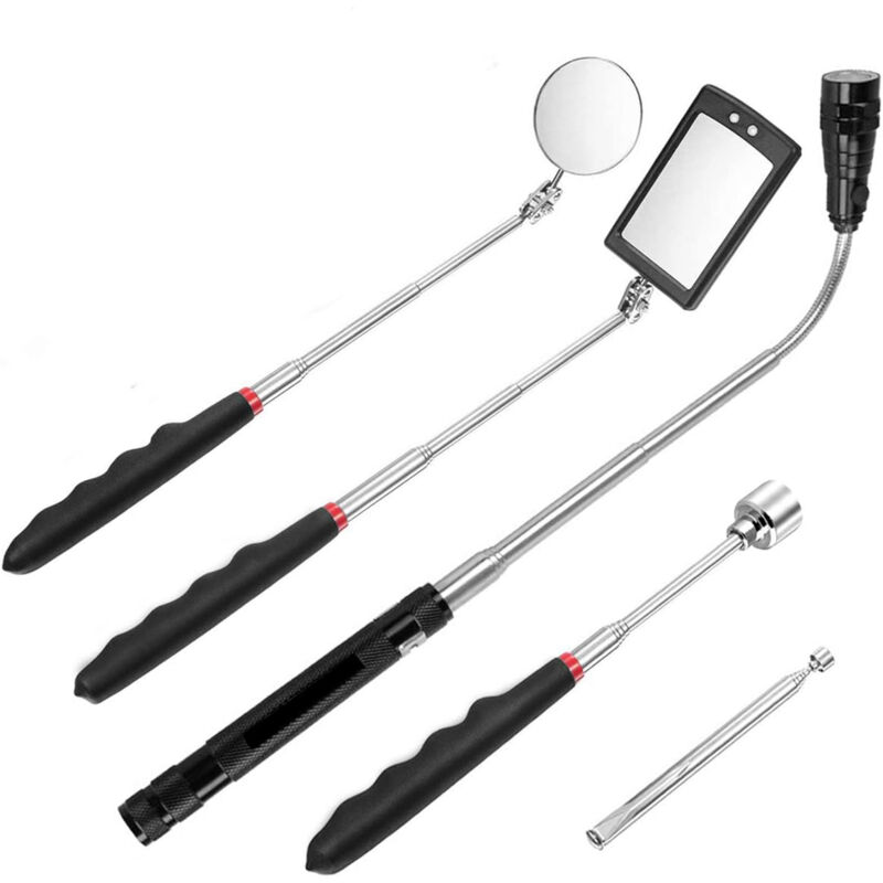 Miroir d'inspection,Outil de ramassage télescopique magnétique 5 pièces, kit d'outils extensible avec lumière led, y compris 15 lb/1 lb/miroir