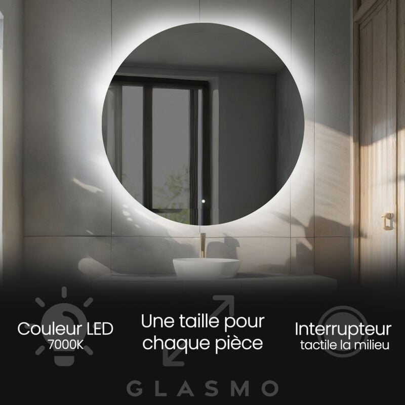 Foram - Miroir lumineux de salle de bain 100 cm Elsie - Rond Moderne Miroir avec led Illumination - Blanc Froid 7000 k avec Interrupteur Tactile