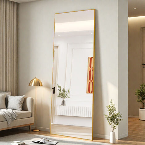 Miroir en pied rectangulaire 177 x 77 cm–Grand miroir de maquillage–Cadre en aluminium doré à bords fins–Verre trempé–Style moderne–Salon/chambre