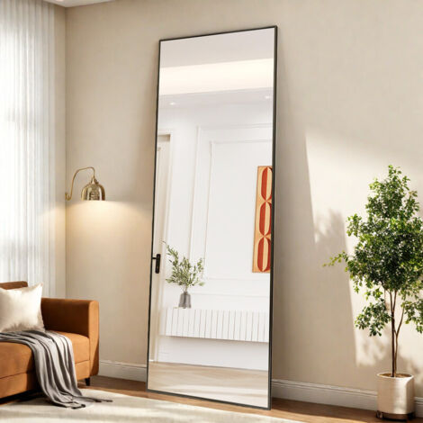 Miroir en pied rectangulaire 177 x 77 cm–Grand miroir de maquillage–Cadre en aluminium noir à bords fins–Verre trempé–Style moderne–Salon/chambre