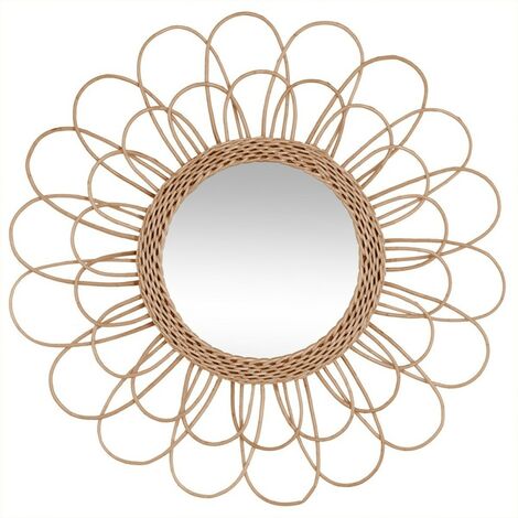 Miroir Mural - Design Rond Boho Bali (60 cm) - Loi Bois naturel - Verre,  Rotin