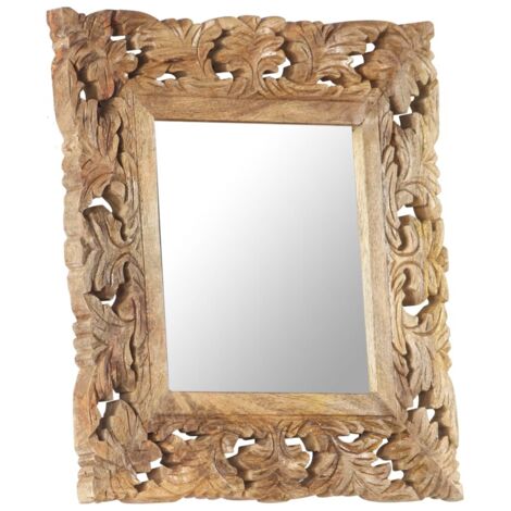 Miroir Entrée Maison Salle de Bain，Miroir sculpté à la main Marron 50x50cm Bois de manguier massif310807