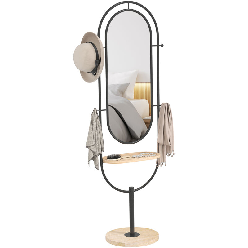 Homcom - Miroir étagère design H.175 cm - miroir sur pied - tablette, 4 patères - métal noir bois hévéa verni naturel