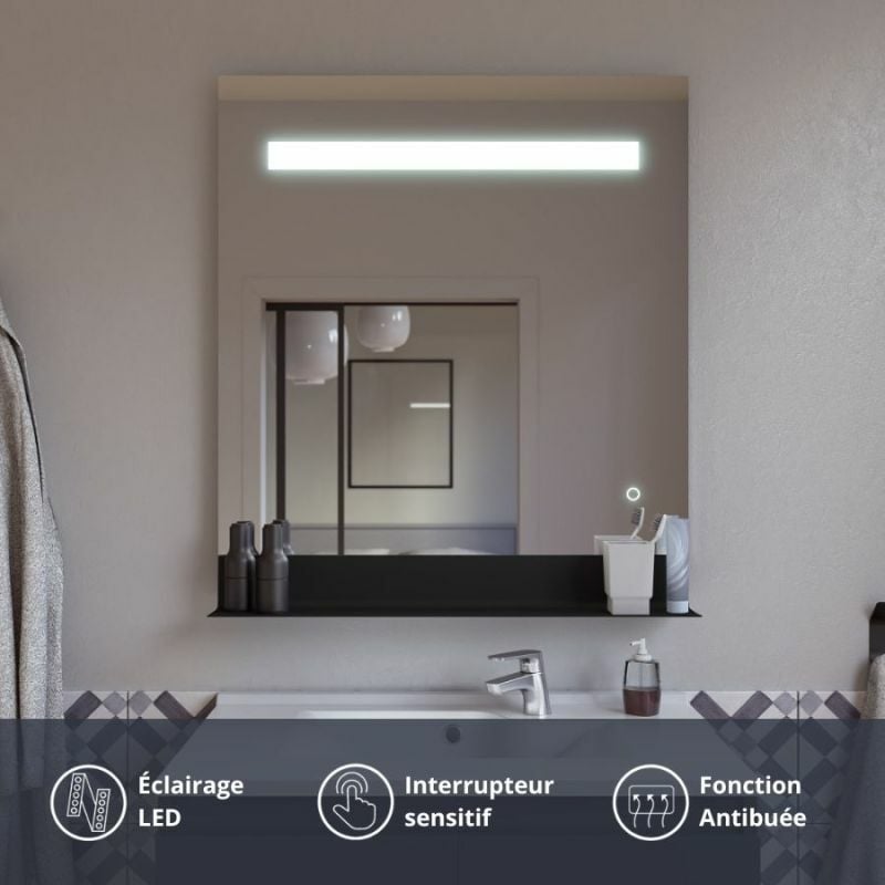 Cuisibane - Miroir lumineux antibuée etal 80x80 cm avec tablette de rangement